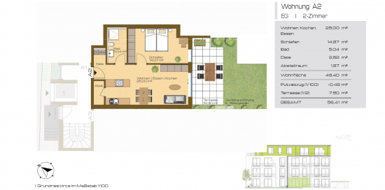 Neubauprojekt GRÜNE MITTE - Grundriss WHG A2 | 2 Zimmer | EG