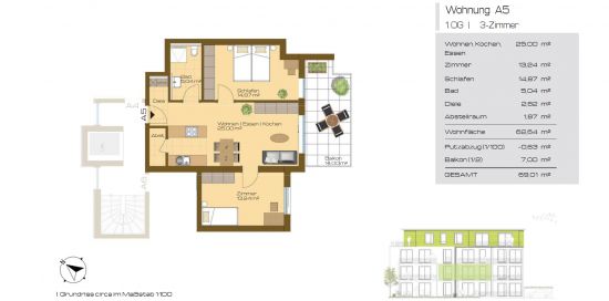 Neubauprojekt GRÜNE MITTE - Grundriss WHG A2 | 3 Zimmer | 1.OG